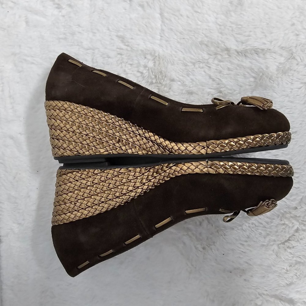 Lauren Ralph Lauren Cambree Chocolate Suede Gold Metallic Wedge Shoes Size 7 - Picture 12 of 16